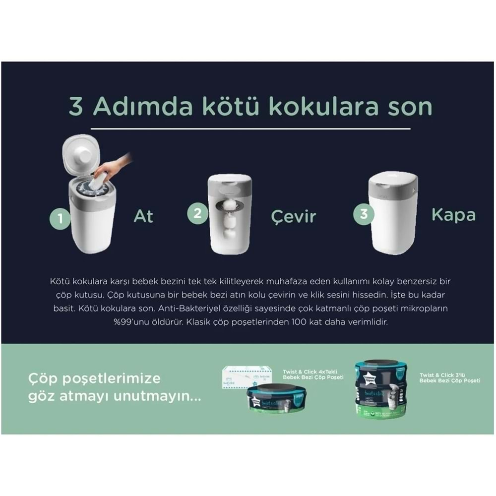 Tommee Tippee Twist & Click Çöp Poşeti Yedek Kartuş (3 Lü Set)