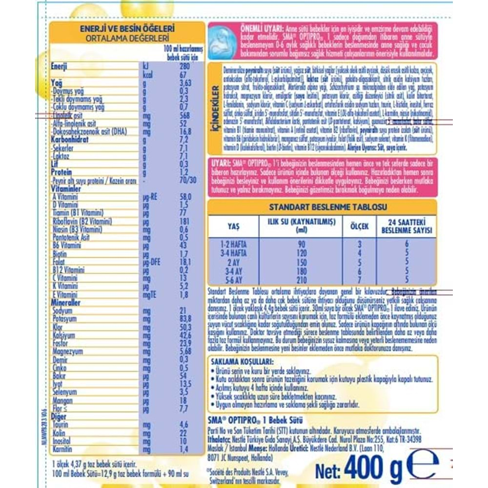 Sma Optipro 400GR No:1 Bebek Sütü (0-6 Ay)