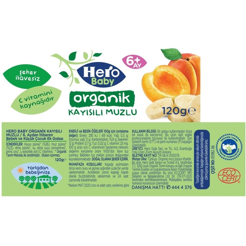 Hero Baby Kavanoz Maması 120GR Organik Kayısılı Muzlu