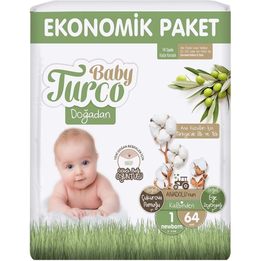 Baby Turco Bebek Bezi Doğadan Beden:1 (2-5Kg) Yeni Doğan 64 Adet Ekonomik Pk