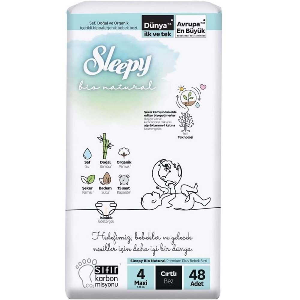 Sleepy Bebek Bezi Bio Natural Beden:4 (7-14KG) Maxi 48 Adet Ekonomik Pk