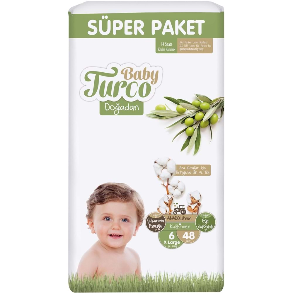 Baby Turco Bebek Bezi Doğadan Beden:6 (16-25Kg) XLarge 48 Adet Süper Pk