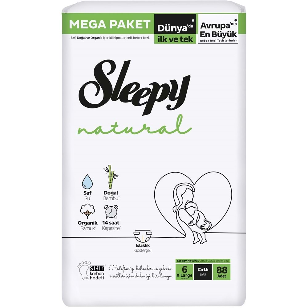 Sleepy Bebek Bezi Natural Beden:6 (15-25Kg) X Large 88 Adet Mega Pk