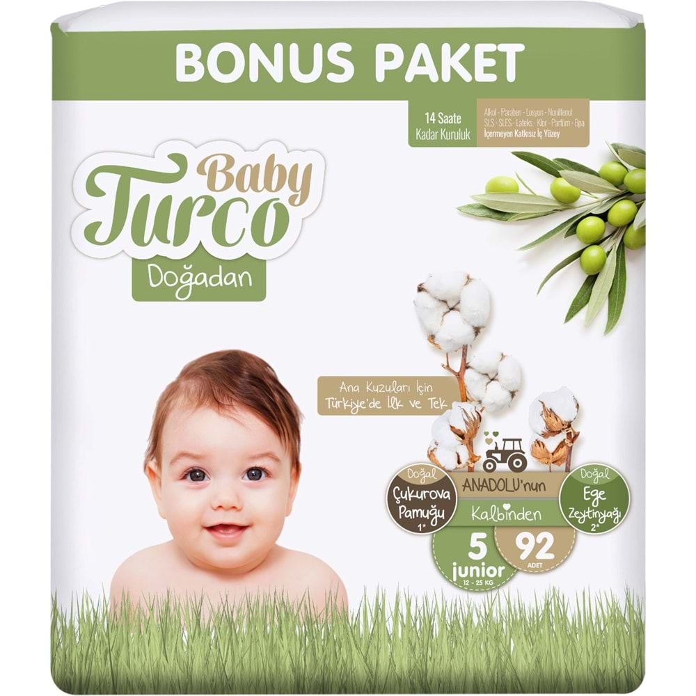 Baby Turco Bebek Bezi Doğadan Beden:5 (12-25KG) Junior 92 Adet Bonus Pk
