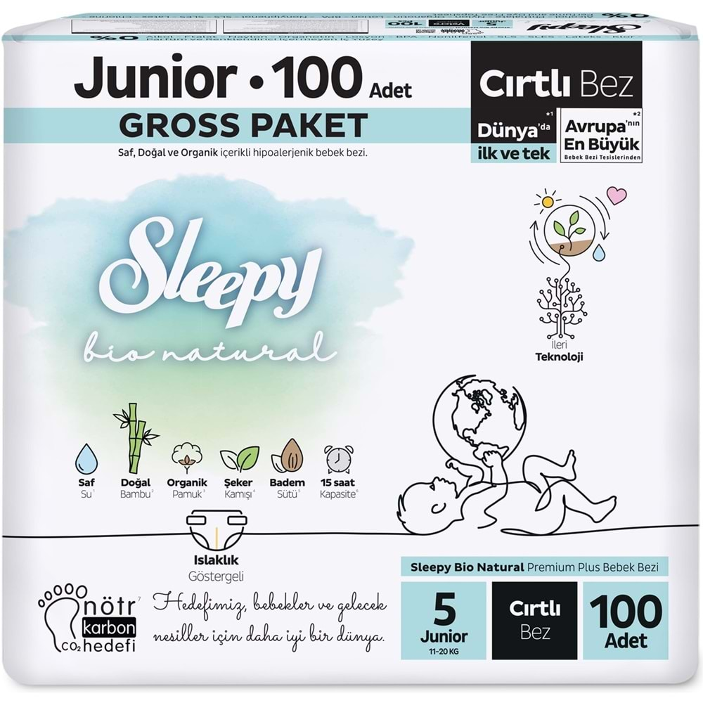 Sleepy Bebek Bezi Bio Natural Beden:5 (11-18KG) Junior 100 Adet Gross Pk