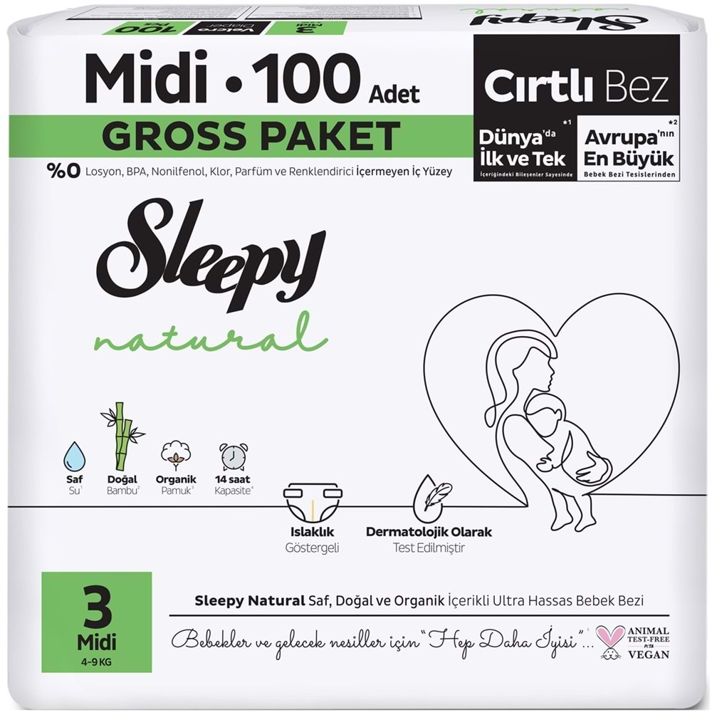 Sleepy Bebek Bezi Natural Beden:3 (4-9KG) Midi 100 Adet Gross Pk