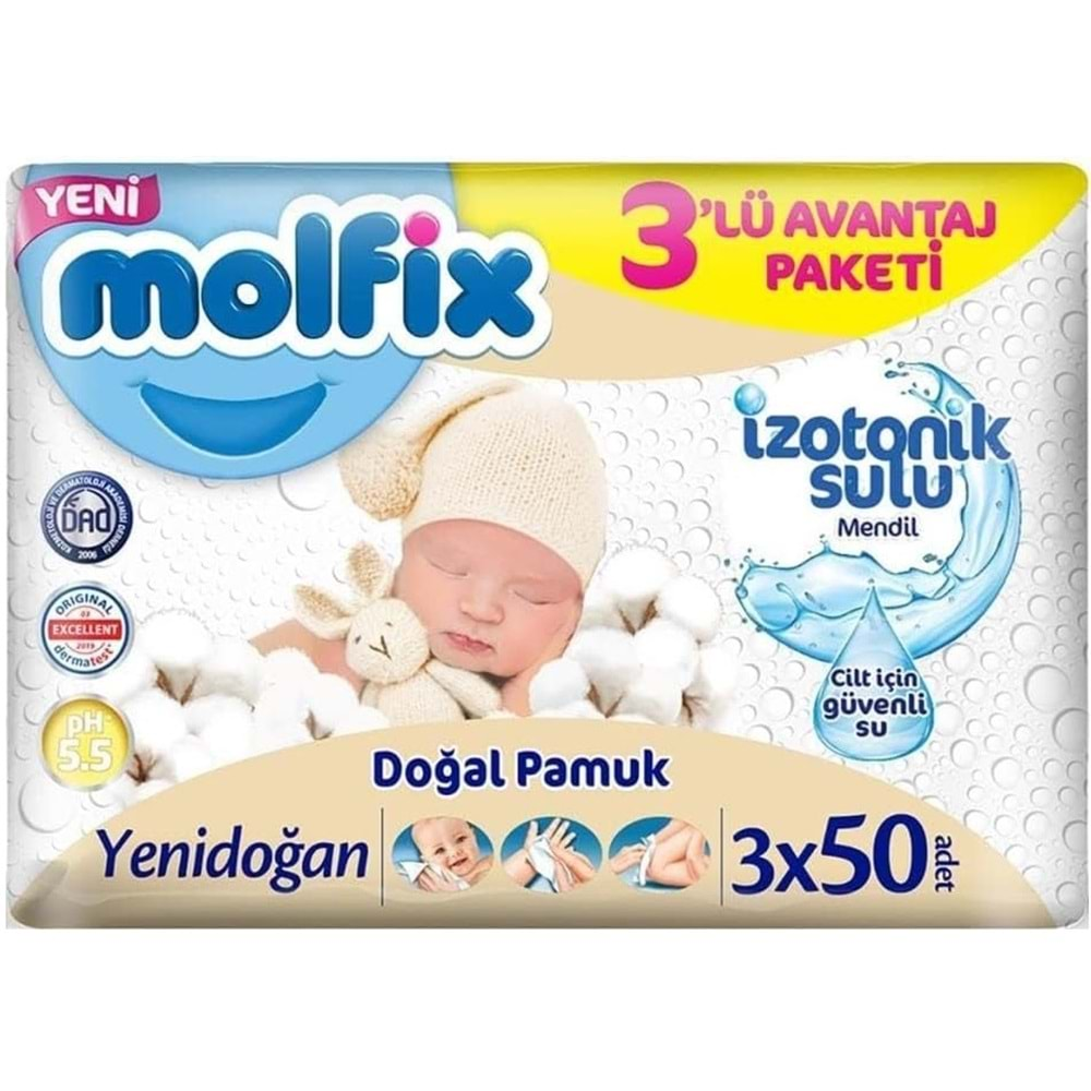 Molfix Islak Havlu Mendil İzotonik Yenidoğan 3 Lü set 50 Yaprak Plastik Kapaklı