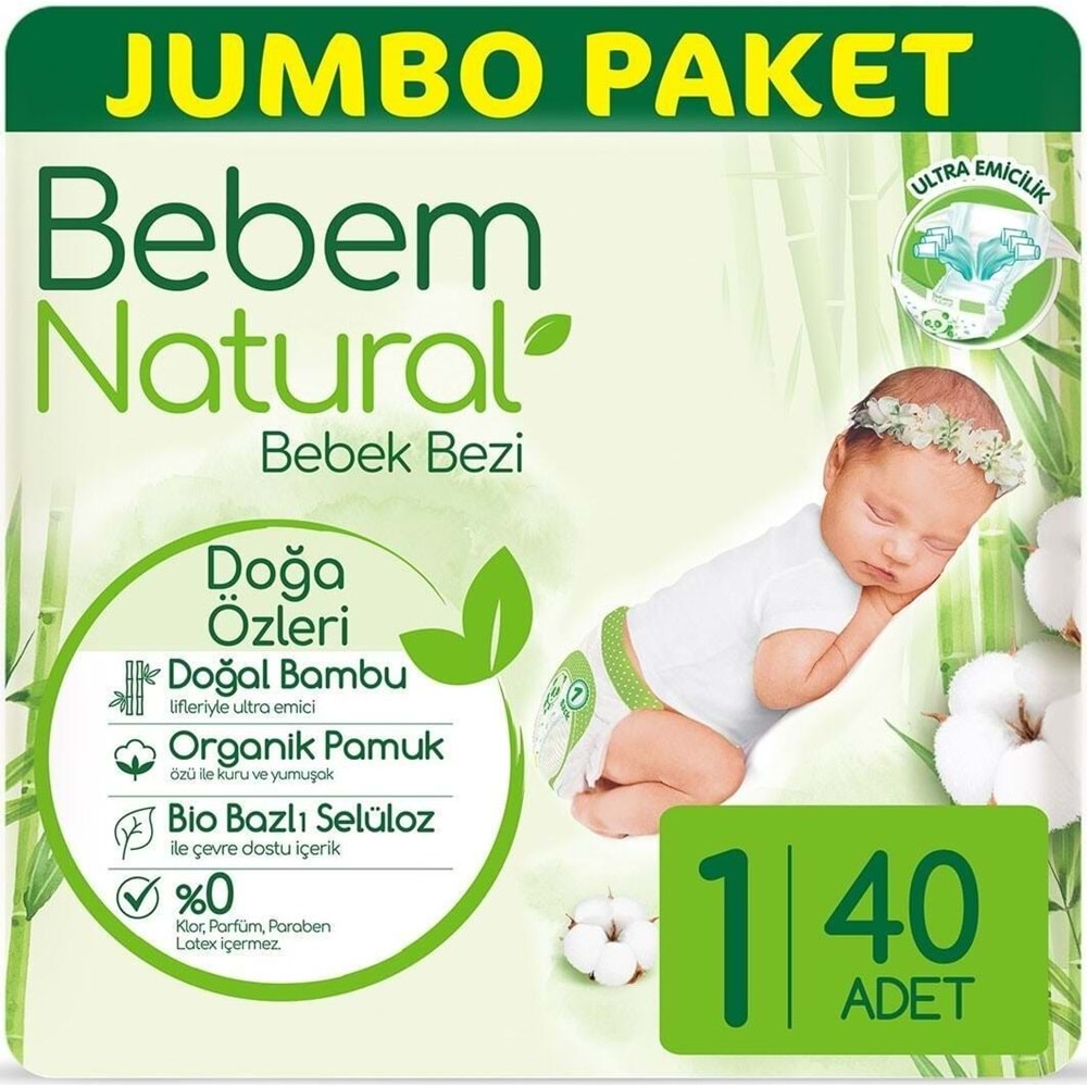 Bebem Bebek Bezi Natural Beden:1 (2-5Kg) Yenidoğan 40 Adet Jumbo Pk