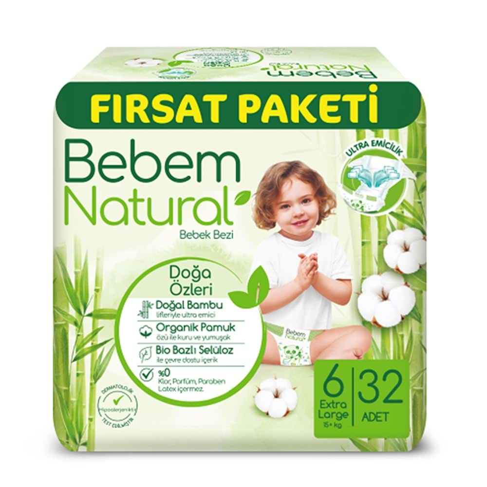 Bebem Bebek Bezi Natural Beden:6 (15+Kg) Ekstra Large 32 Adet Fırsat Pk