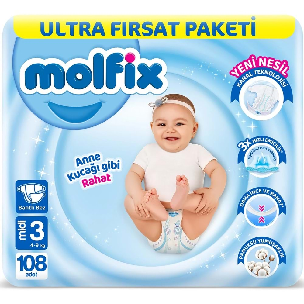 Molfix Bebek Bezi Beden:3 (4-9Kg) Midi 108 Adet Ultra Fırsat Pk