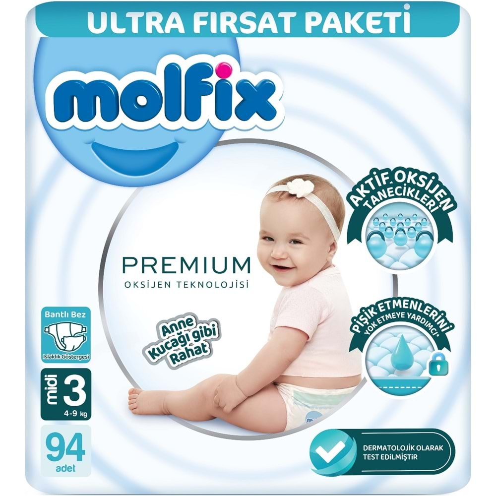 Molfix Premium Bebek Bezi Beden:3 (4-9KG) Midi 94 Adet Ultra Fırsat Pk