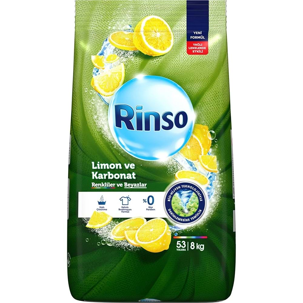 Rinso Matik Toz Deterjan 8KG Limon ve Karbonat / Renkliler ve Beyazlar İçin (53 Yıkama)