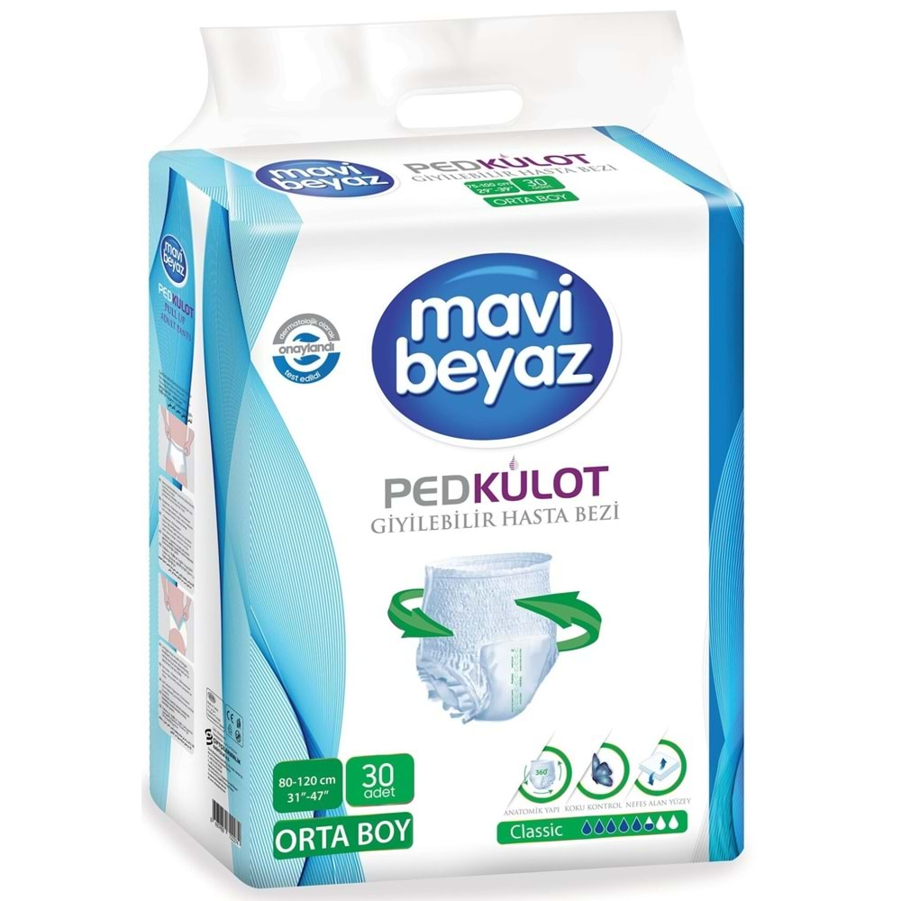 Mavi Beyaz Ped Emici Külot Hasta Bezi M - Medium Orta (30 Adet)