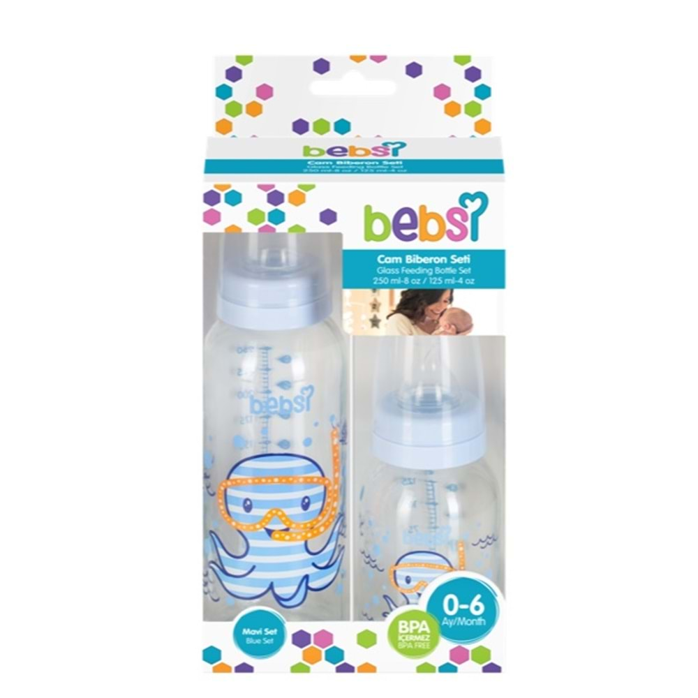 Bebsi Cam Biberon Seti (250ml+125ml) Seçenekli (Mavi/Pembe)