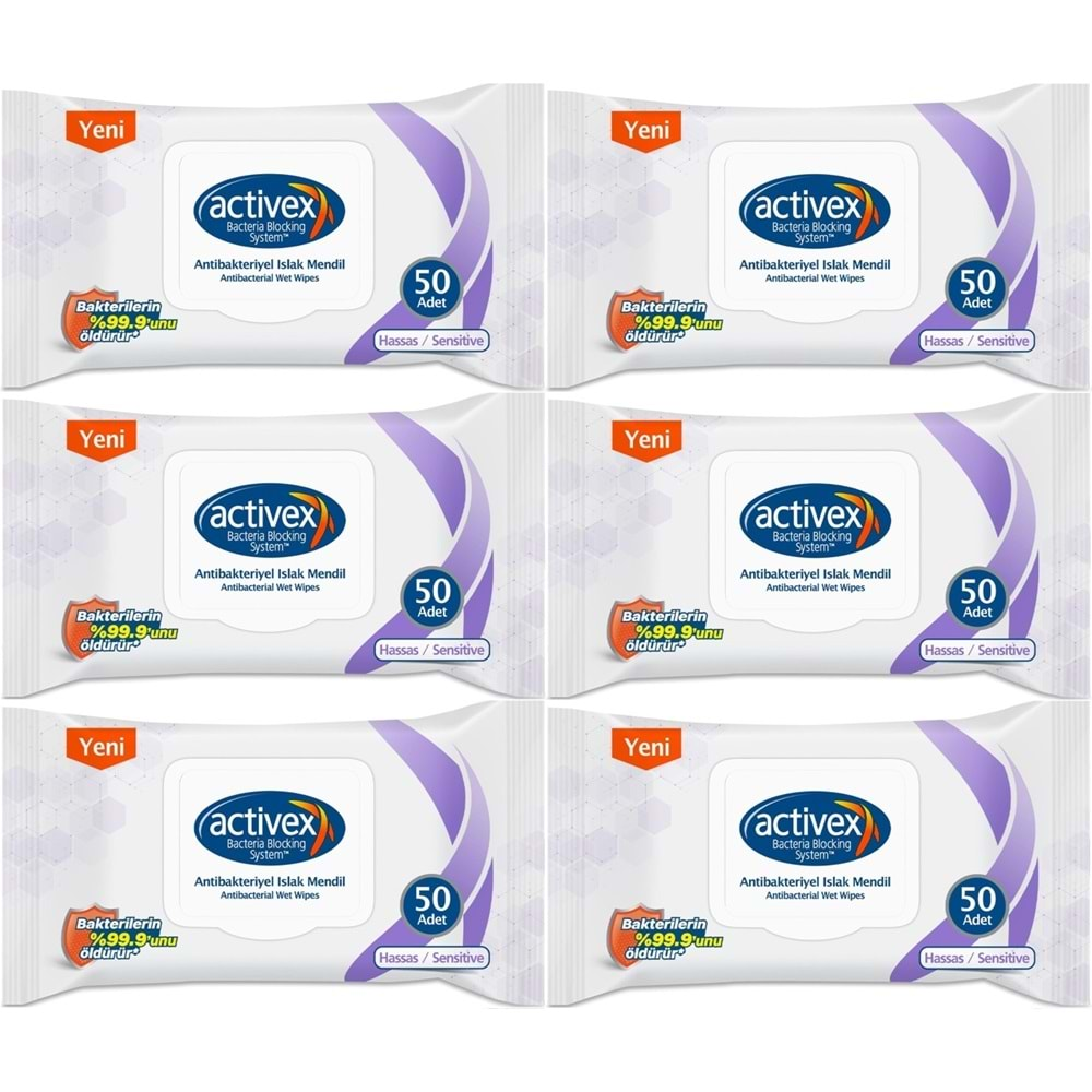 Activex Antibakteriyel Islak Havlu Mendil Hassas 50 Yaprak 6 Lı Set (300 Yaprak) Plastik Kapaklı