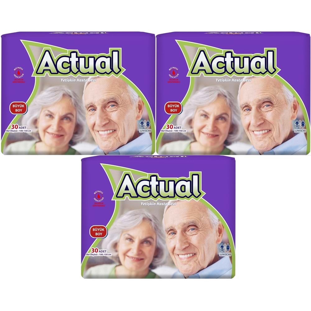 Actual Yetişkin Hasta Bezi Bel Bantlı L-Büyük 90 Adet (3Pk*30)