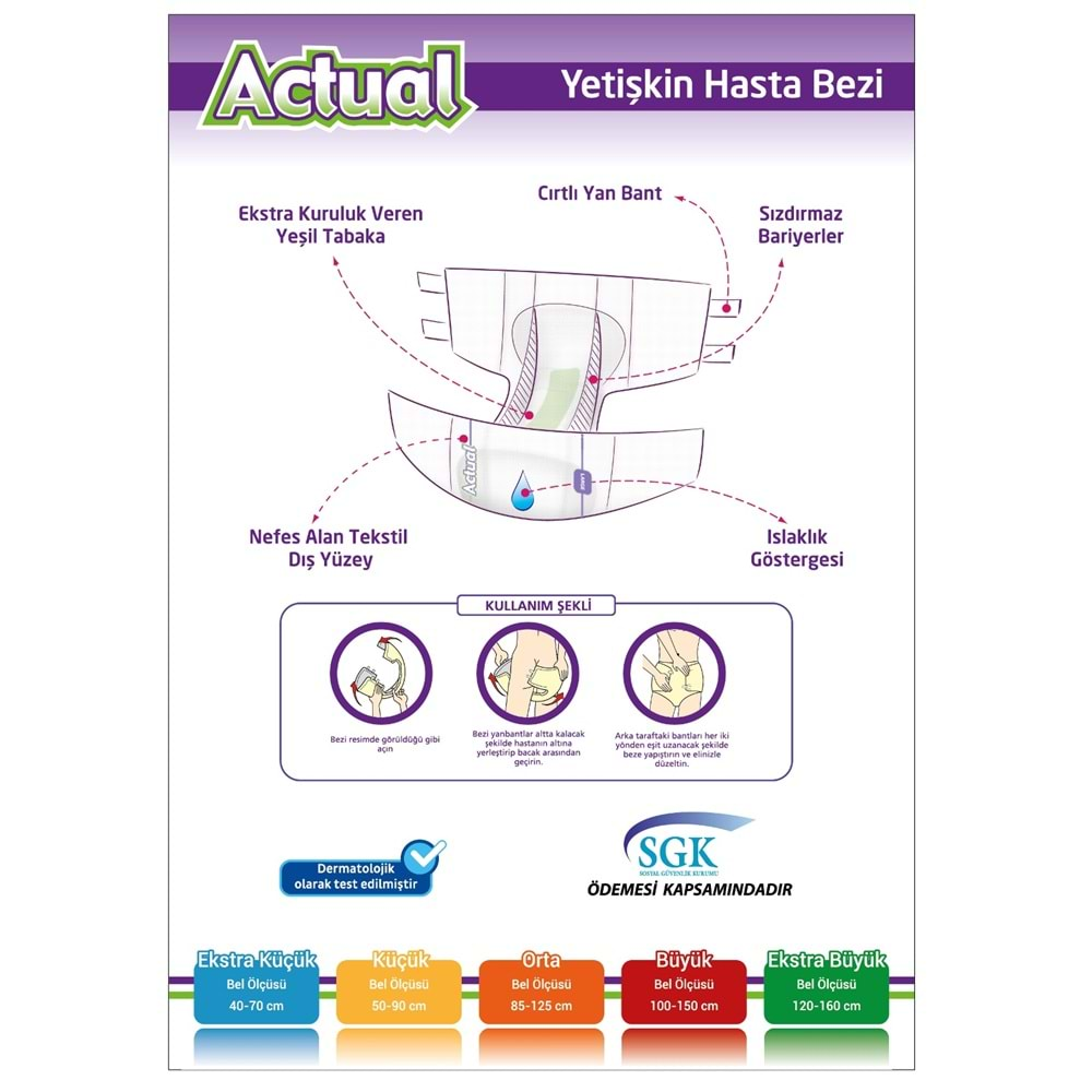 Actual Yetişkin Hasta Bezi Bel Bantlı L-Büyük 150 Adet (5Pk*30)