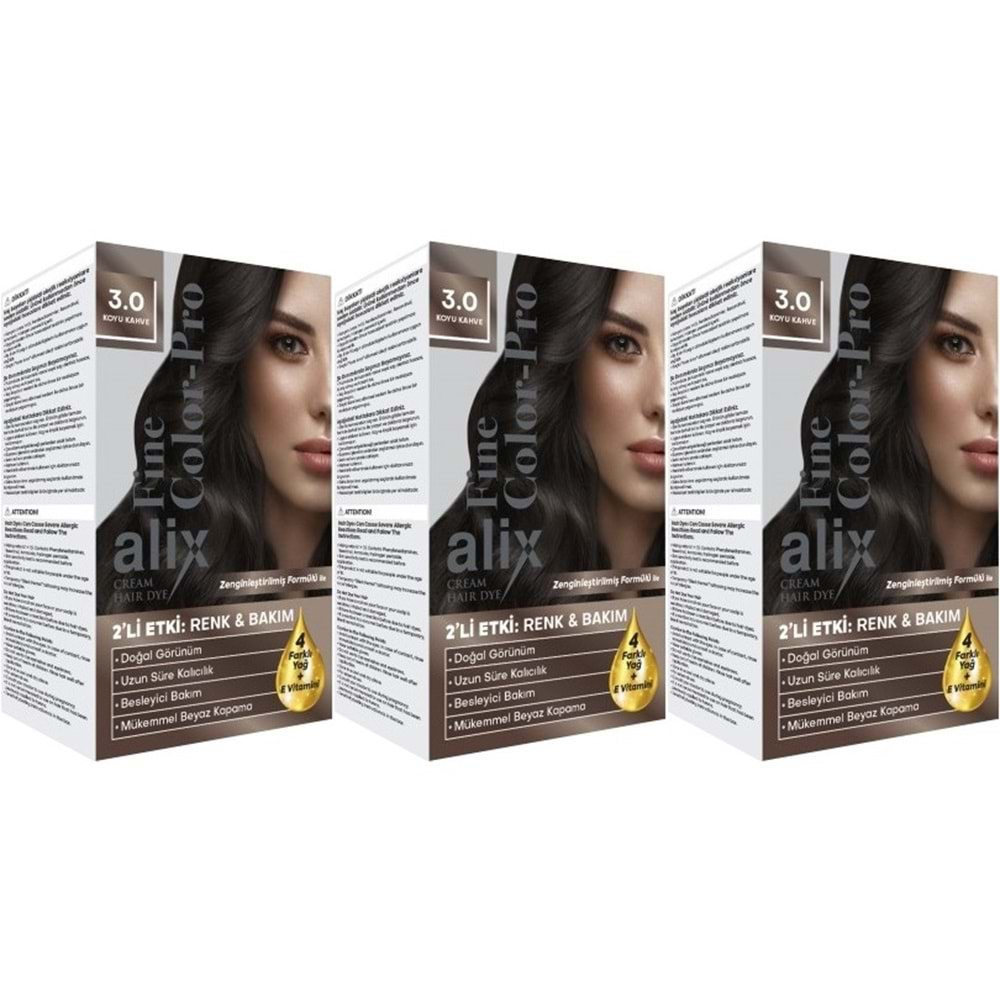 Alix 50ML Kit Saç Boyası 3.0 Koyu Kahve (3 Lü Set)