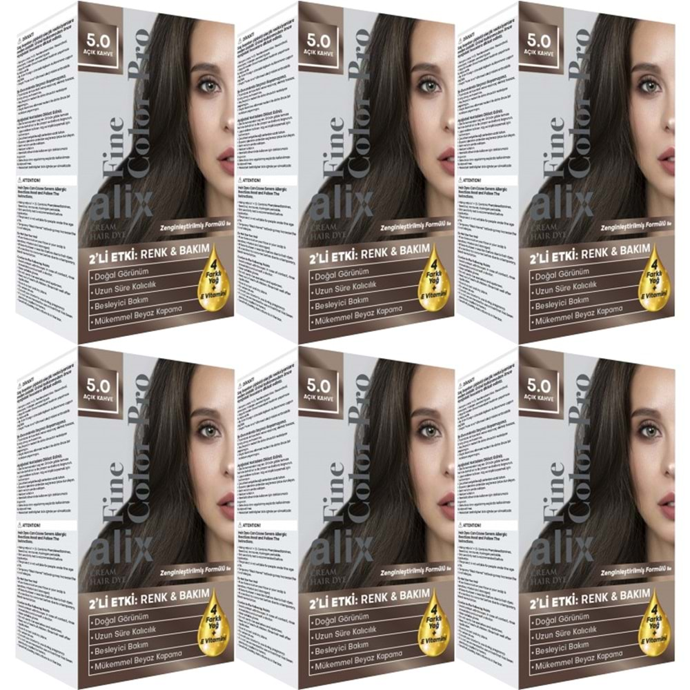 Alix 50ML Kit Saç Boyası 5.0 Açık Kahve (6 Lı Set)