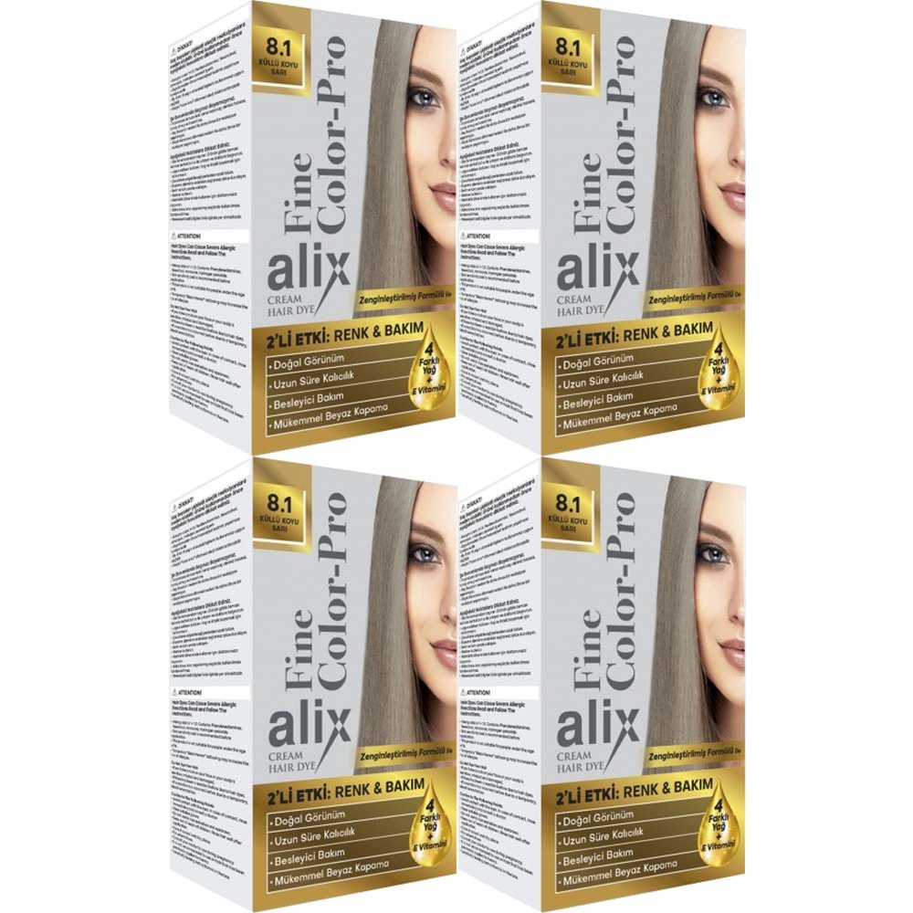 Alix 50ML Kit Saç Boyası 8.1 Küllü Koyu Sarı (4 Lü Set)