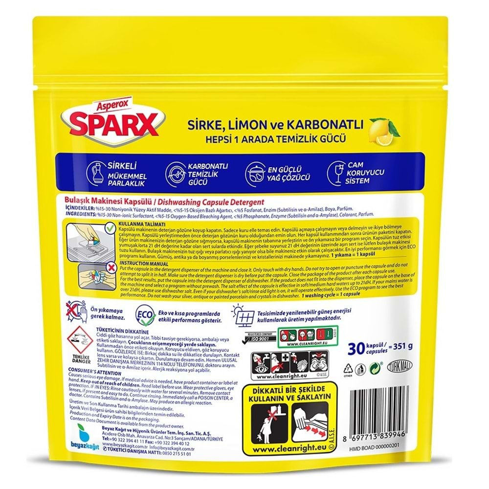 Asperox Sparx Bulaşık Makinesi Kapsülü 90 Adet Hepsi 1 Arada (Sirke-Limon-Karbonatlı) (3PK*30)