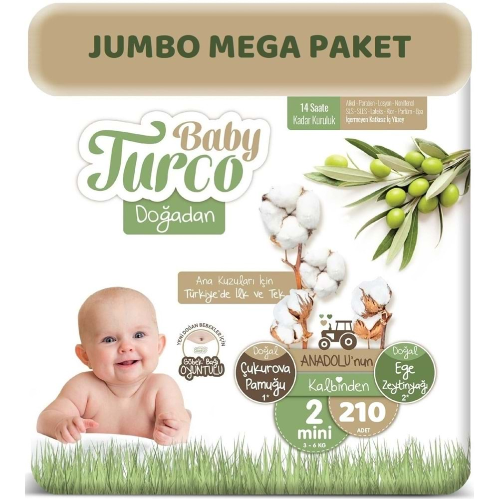 Baby Turco Bebek Bezi Doğadan Beden:2 (3-6Kg) Mini 210 Adet Jumbo Mega Pk