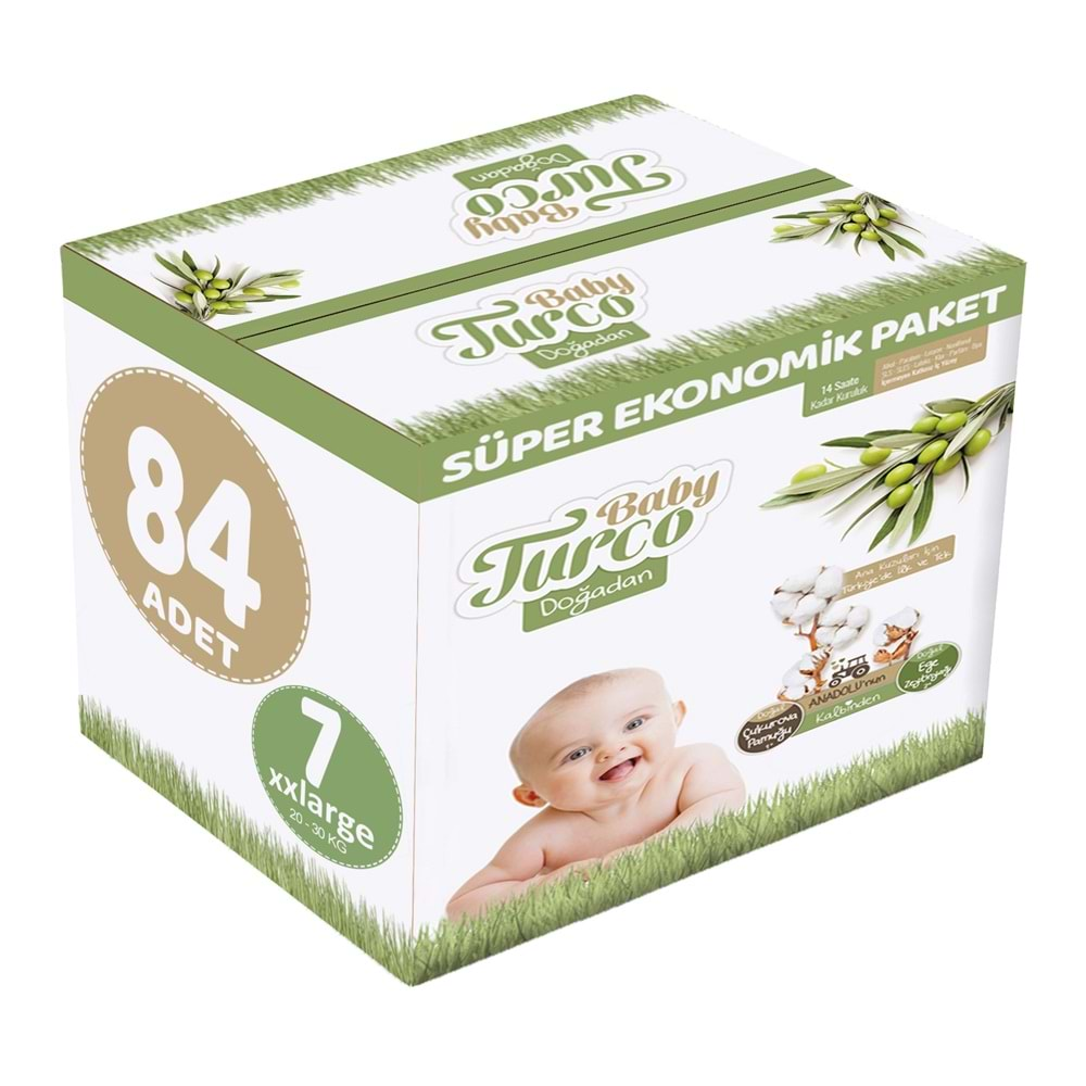 Baby Turco Bebek Bezi Doğadan Beden:7 (20-30Kg) XXLarge 84 Adet Süper Ekonomik Pk