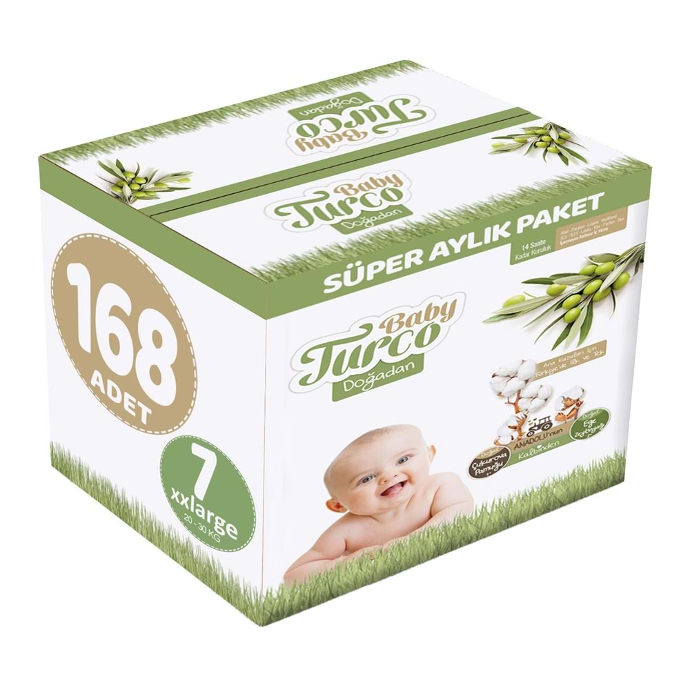 Baby Turco Bebek Bezi Doğadan Beden:7 (20-30Kg) XXLarge 168 Adet Süper Aylık Pk