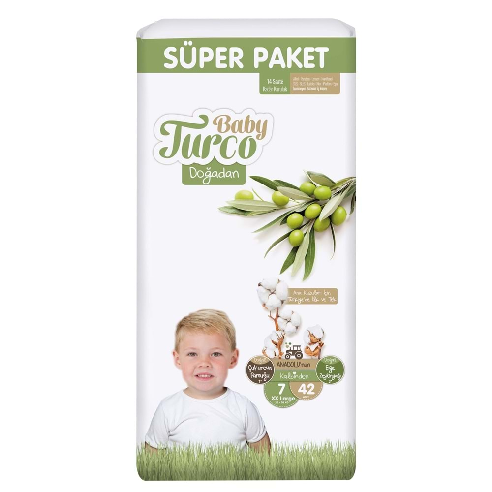 Baby Turco Bebek Bezi Doğadan Beden:7 (20-30Kg) XXLarge 168 Adet Süper Aylık Pk