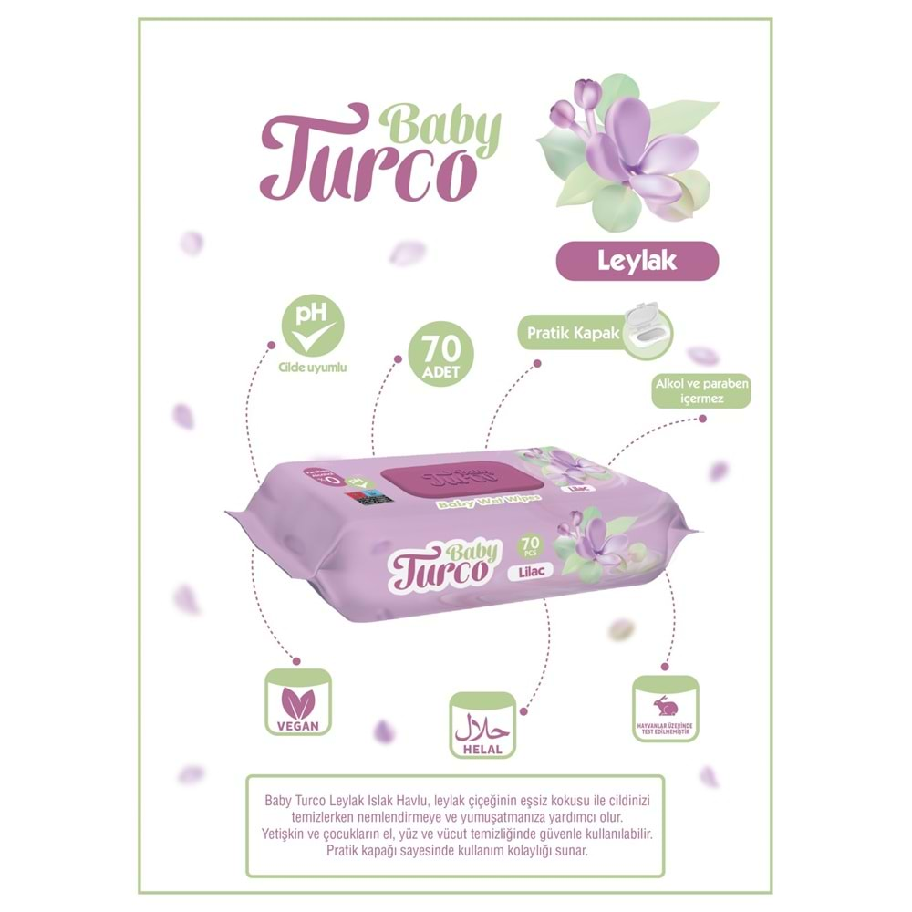 Baby Turco Islak Havlu Mendil 70 Yaprak Leylak 36 Lı Set Plastik Kapaklı (2520 Yaprak)