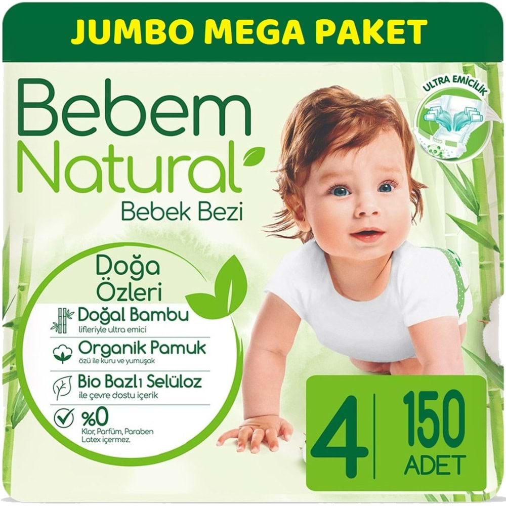 Bebem Bebek Bezi Natural Jumbo Mega Pk Beden:4 (7-14Kg) Maxi 150 Adet