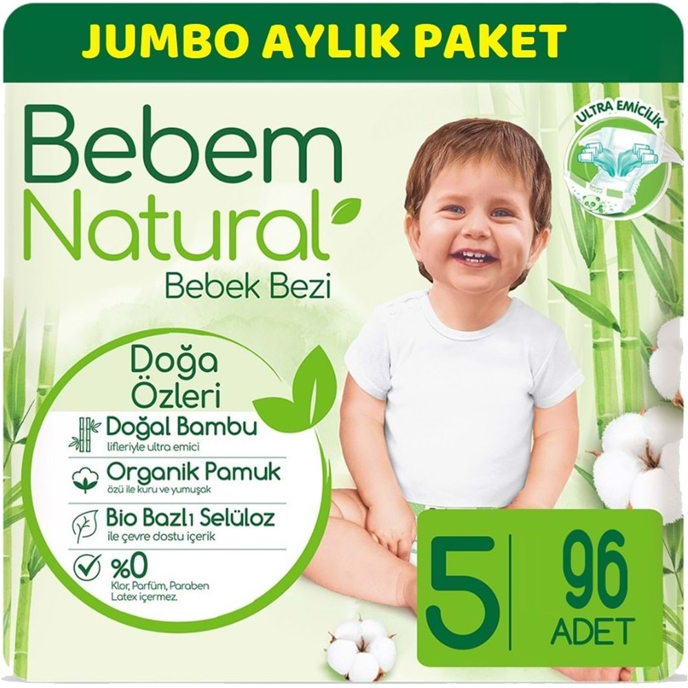 Bebem Bebek Bezi Natural Jumbo Aylık Pk Beden:5 (11-18Kg) Junior 96 Adet