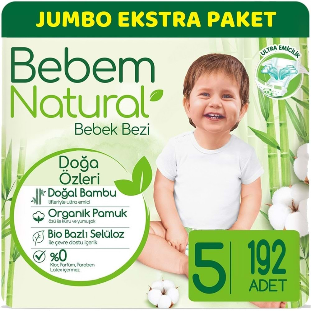 Bebem Bebek Bezi Natural Jumbo Ekstra Pk Beden:5 (11-18Kg) Junior 192 Adet