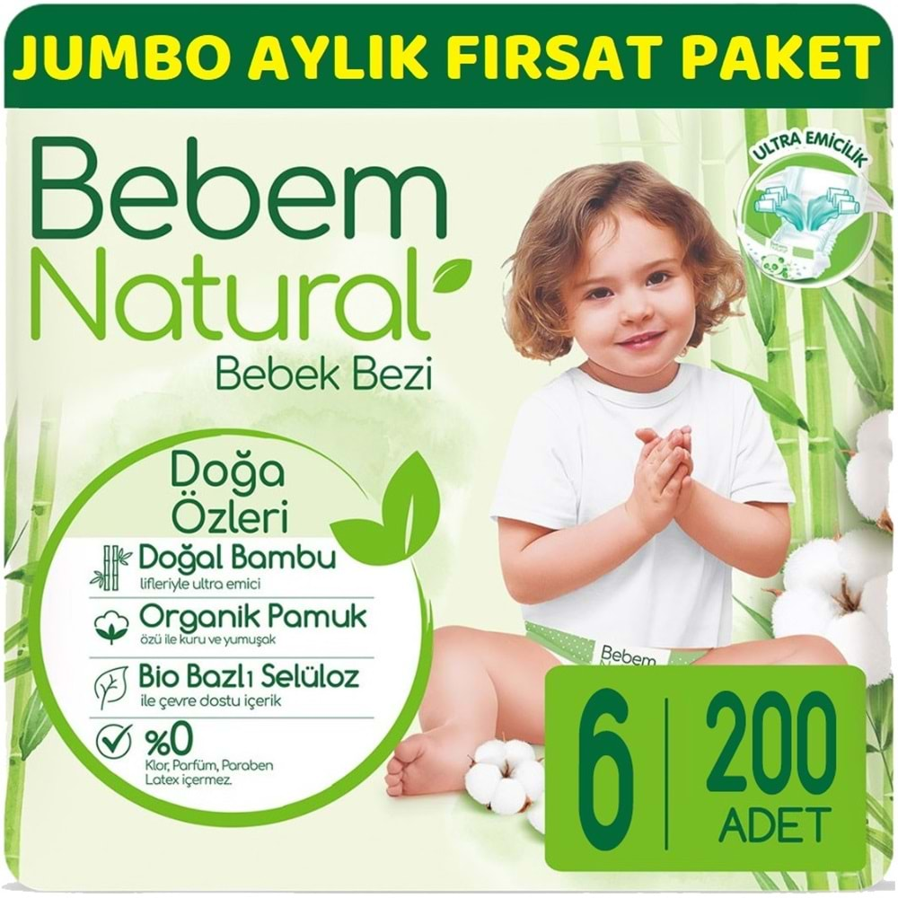 Bebem Bebek Bezi Natural Jumbo Aylık Fırsat Pk Beden:6 (15+Kg) Ekstra Large 200 Adet