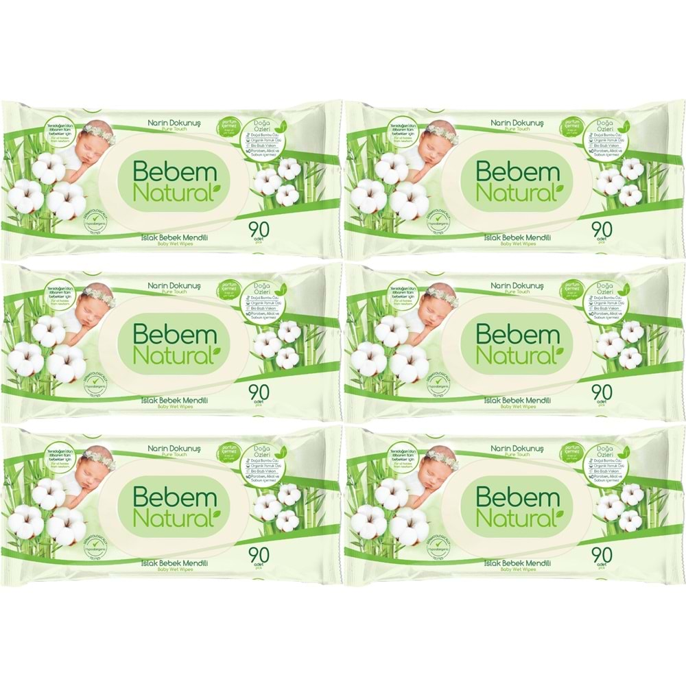 Bebem Natural Islak Bebek Mendili Narin Dokunuş / Yenidoğan 90 Yaprak Plastik Kapaklı 6 Lı Set