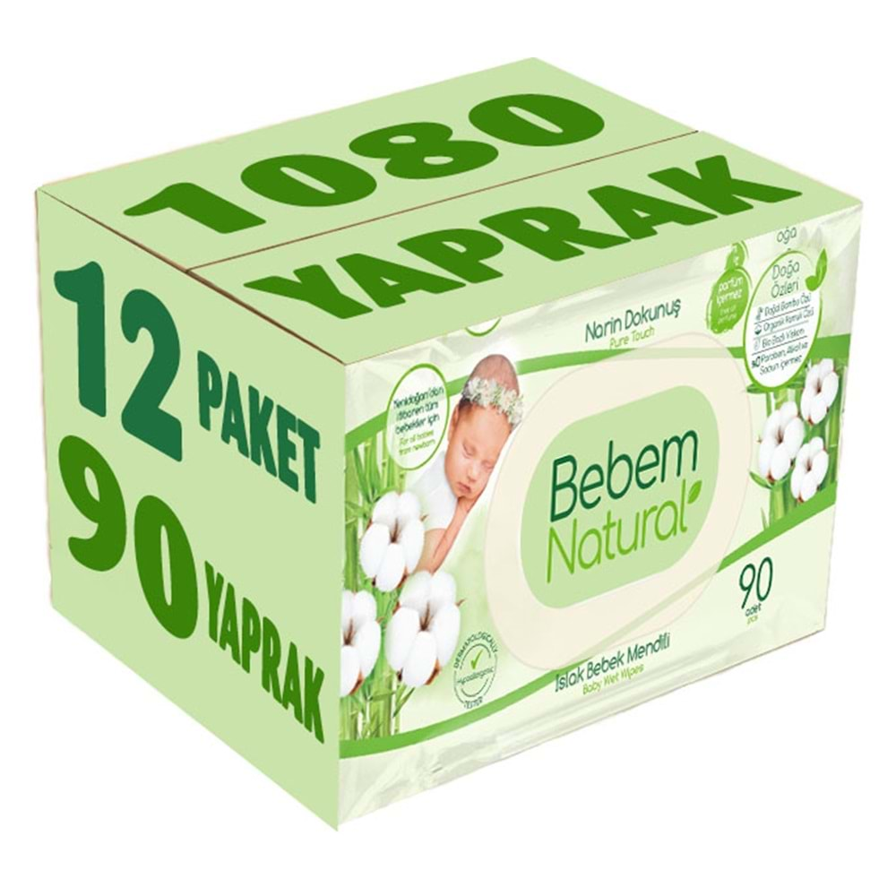 Bebem Natural Islak Bebek Mendili Narin Dokunuş / Yenidoğan 90 Yaprak Plastik Kapaklı 12 Li Set