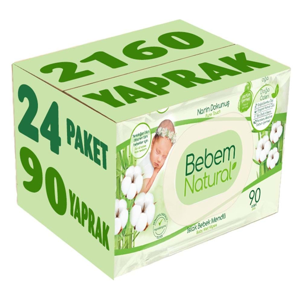 Bebem Natural Islak Bebek Mendili Narin Dokunuş / Yenidoğan 90 Yaprak Plastik Kapaklı 24 Lü Set