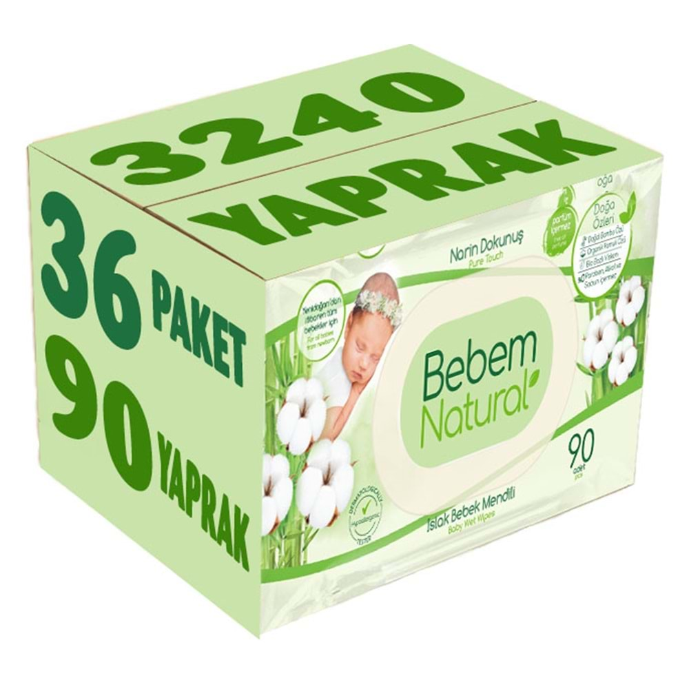 Bebem Natural Islak Bebek Mendili Narin Dokunuş / Yenidoğan 90 Yaprak Plastik Kapaklı 36 Lı Set