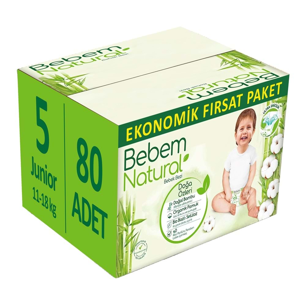 Bebem Bebek Bezi Natural Beden:5 (11-18Kg) Junior 80 Adet Ekonomik Fırsat Pk