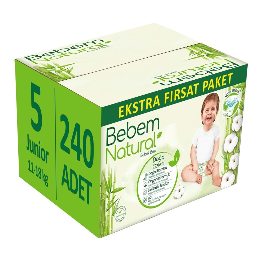 Bebem Bebek Bezi Natural Beden:5 (11-18Kg) Junior 240 Adet Ekstra Fırsat Pk