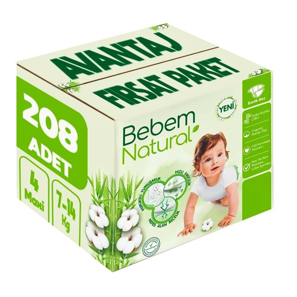 Bebem Bebek Bezi Natural Beden:4 (7-14Kg) Maxi 208 Adet Avantaj Fırsat Pk