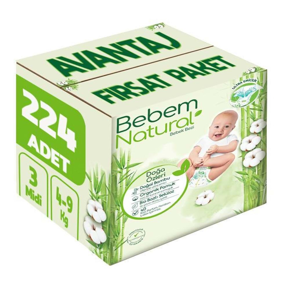 Bebem Bebek Bezi Natural Beden:3 (4-9Kg) Midi 224 Adet Avantaj Fırsat Pk