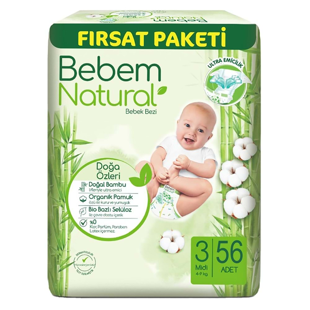 Bebem Bebek Bezi Natural Beden:3 (4-9Kg) Midi 336 Adet Ekstra Fırsat Pk