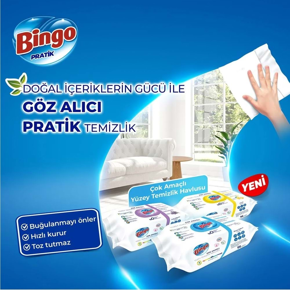 Bingo Clean Yüzey Temizlik Havlusu 96 Yaprak Beyaz Sabun Plastik Kapaklı (3 Lü Set) 288 Yaprak