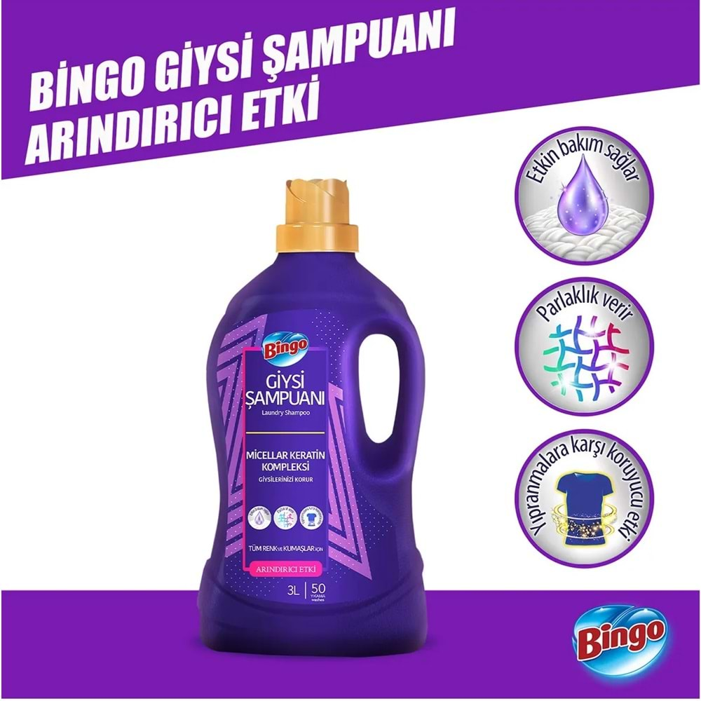 Bingo Giysi Şampuanı 3LT Arındırıcı Etki 6 Lı Set (300 Yıkama) Tüm Çamaşırlar İçin