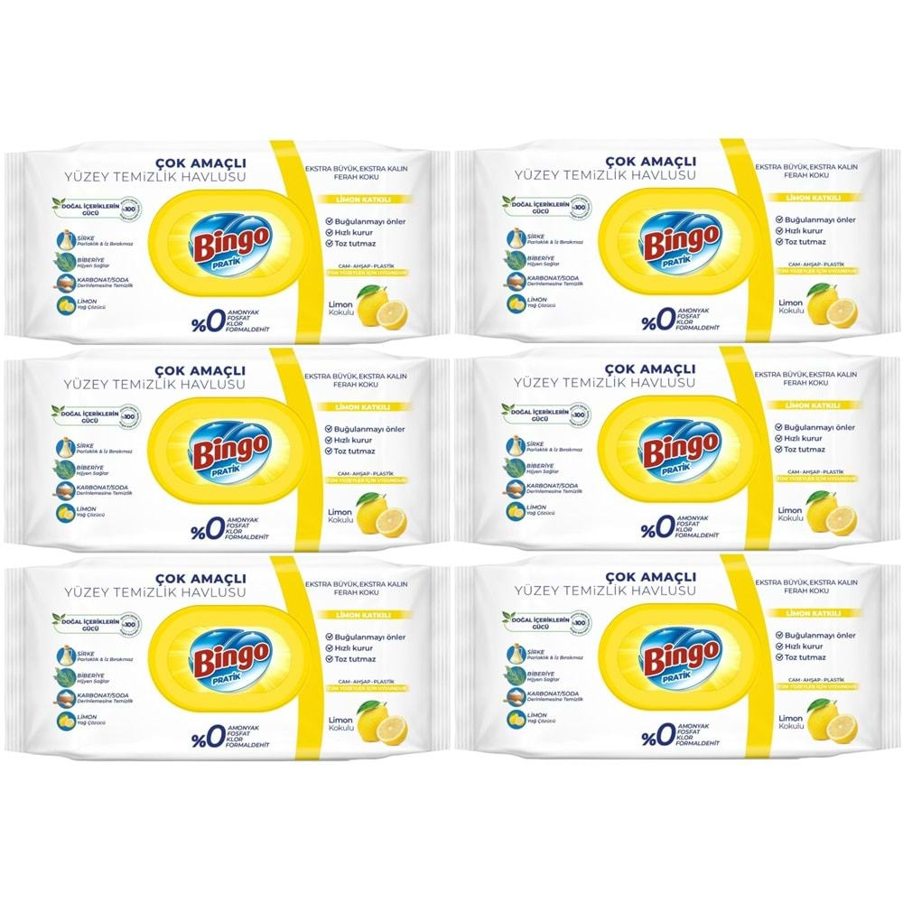 Bingo Clean Yüzey Temizlik Havlusu 96 Yaprak Limon Kokulu Plastik Kapaklı (6 Lı Set) 576 Yaprak