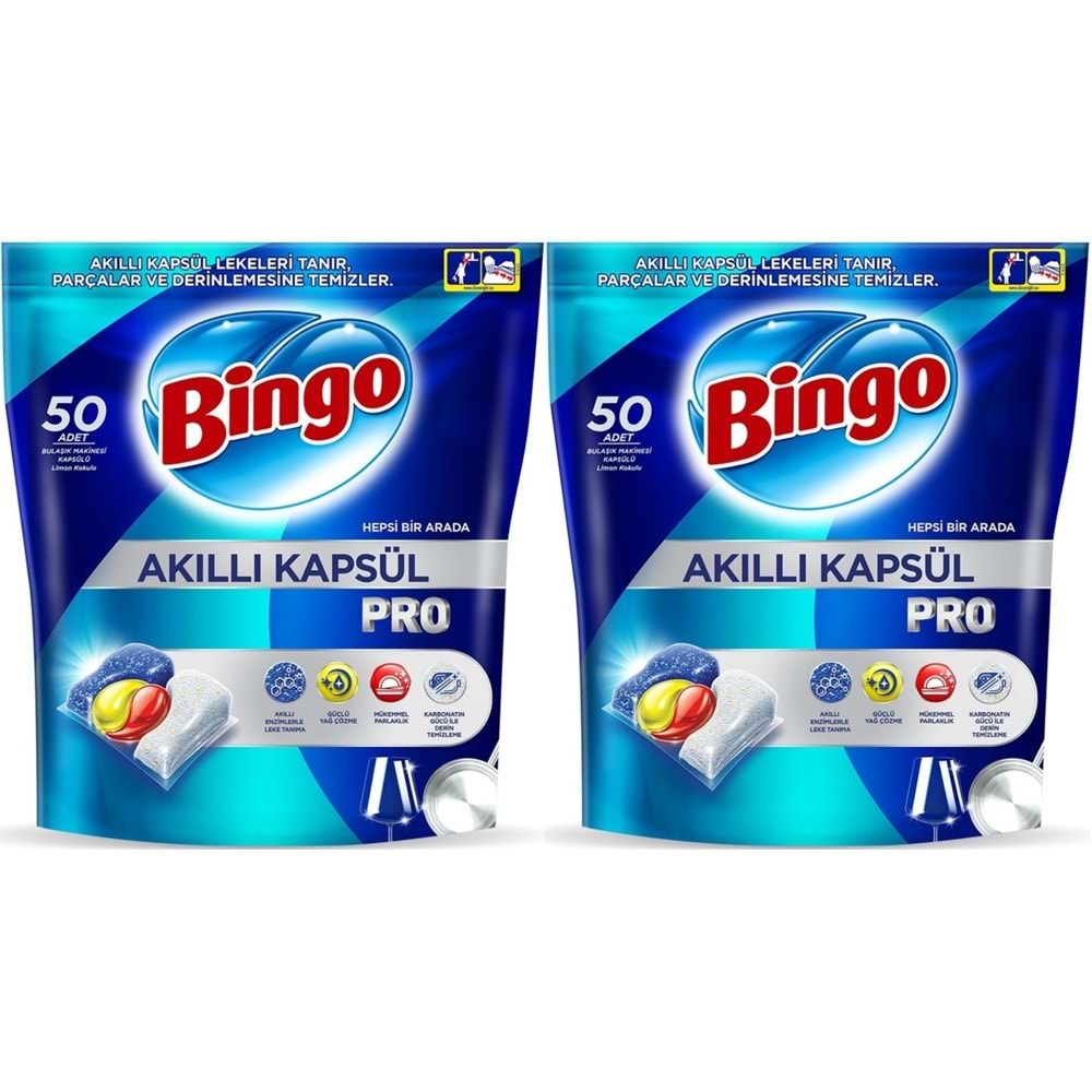 Bingo Akıllı Kapsül Pro Bulaşık Makinesi Deterjanı Tableti 100 Adet Limon Kokulu (2PK*50)