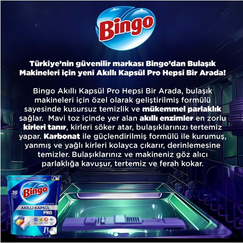 Bingo Akıllı Kapsül Pro Bulaşık Makinesi Deterjanı Tableti 100 Adet Limon Kokulu (2PK*50)