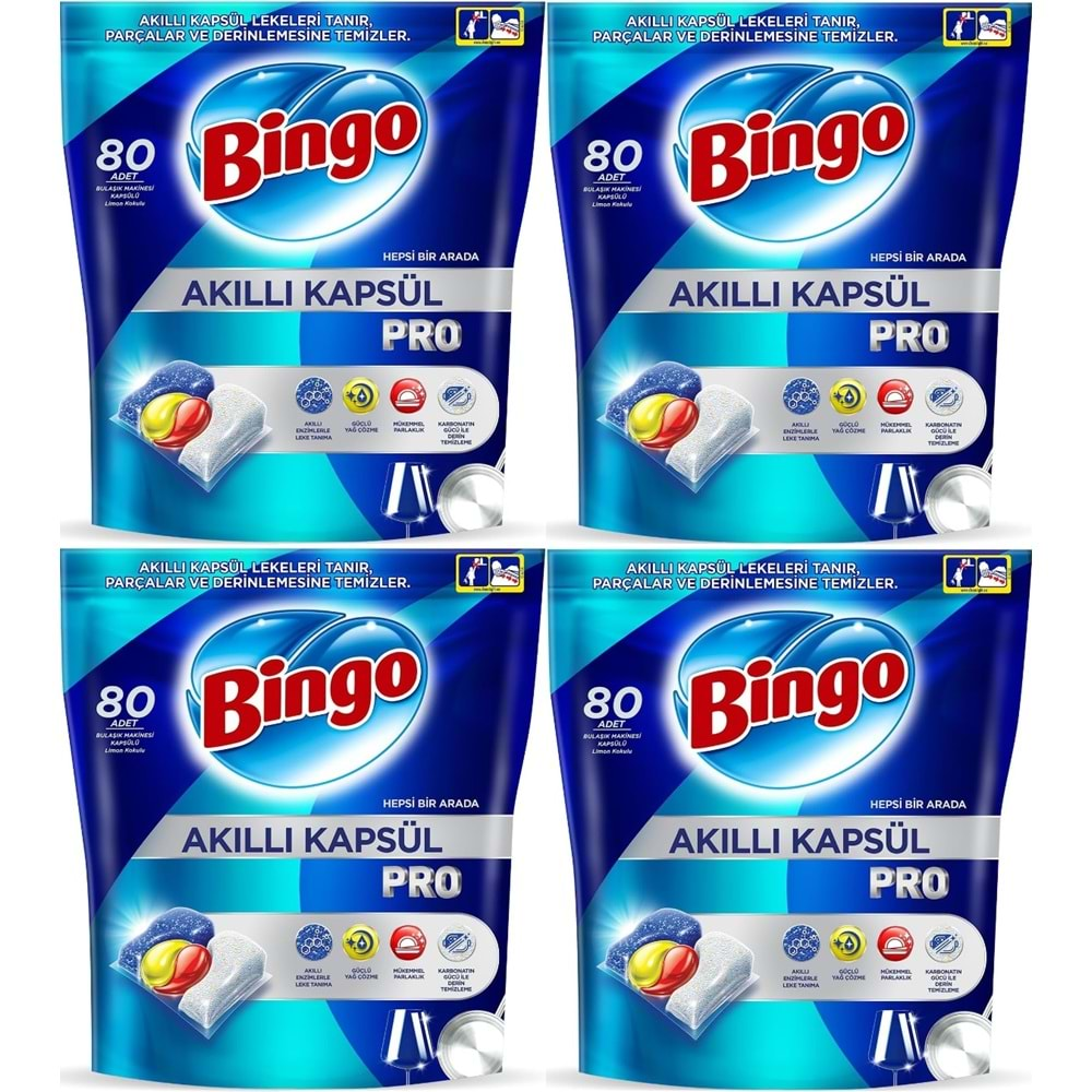 Bingo Akıllı Kapsül Pro Bulaşık Makinesi Deterjanı Tableti 320 Adet Limon Kokulu (4PK*80)