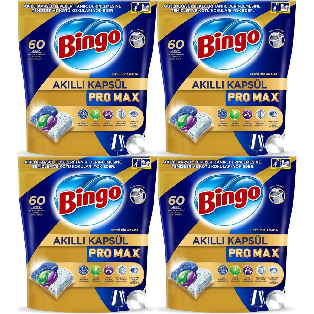 Bingo Akıllı Kapsül Pro Max Bulaşık Makinesi Deterjanı Tableti 240 Adet Limon Kokulu (4PK*60)